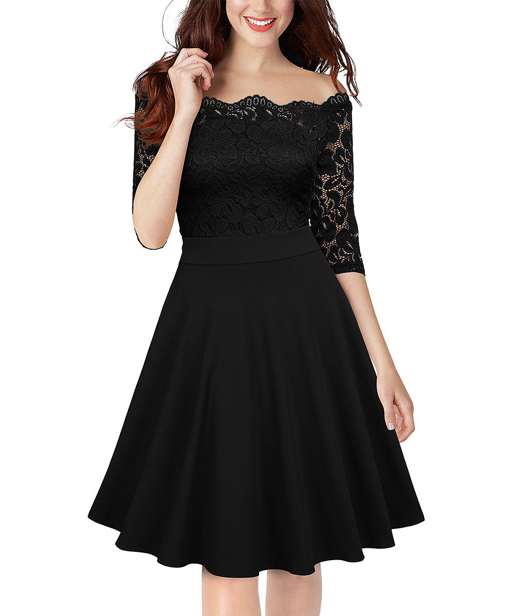 Knitee Women's Special Occasion Dresses Black - Black Floral Lace-Detail Off-Shoulder Dress - Women | Zulily