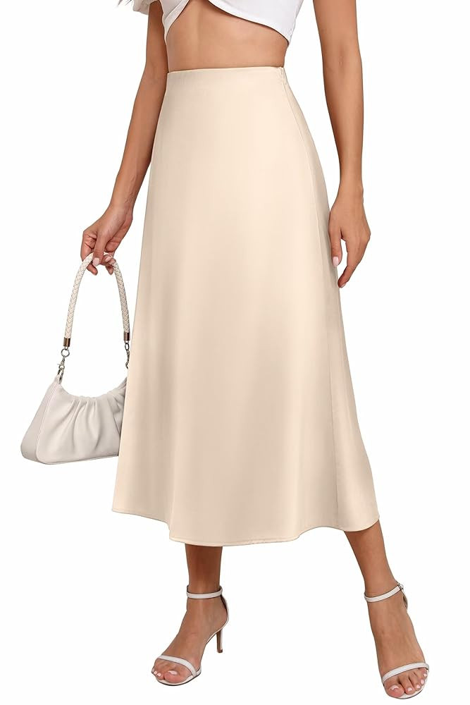Women's Long Satin Spring Summer Skirt Silk Glossy Elegant High Waist Elastic Waistband A-line Mi... | Amazon (US)