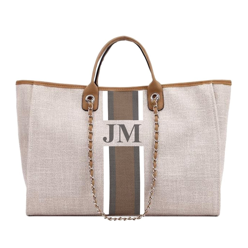 The Lily Canvas Weekend Jumbo Bag Soft Fawn with White, Grey and Beige Stripes as per on Photo | Lily and Bean