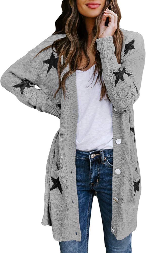 HAPCOPE Women's Star Print Button Down Knit Open Front Cardigan Sweaters with Pockets | Amazon (US)