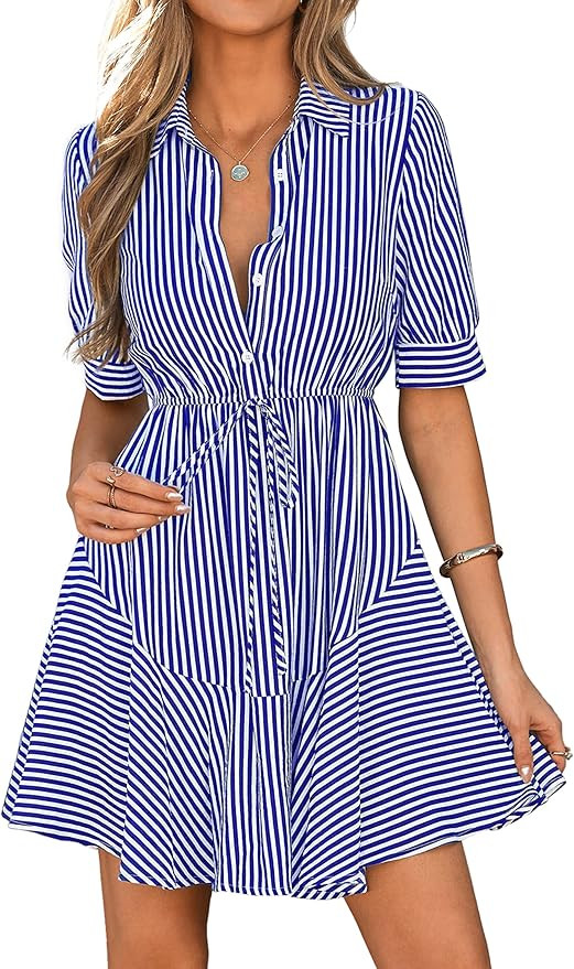 MASCOMODA Womens Puff Short Sleeve Striped Mini Summer Dress Spring Casual V Neck Button Down A L... | Amazon (US)