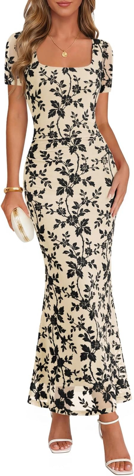 MEROKEETY Women Summer Floral Bodycon Maxi Dress 2026 Spring Wedding Guest Square Neck Short Slee... | Amazon (US)