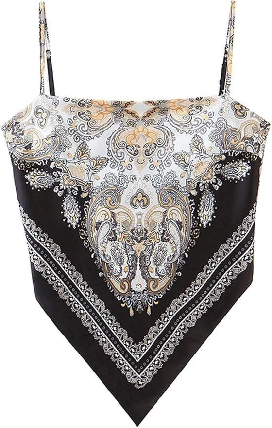 Women's Paisley Print Tie Back French Knot Hanky Hem Spaghetti Straps Handkerchief Cami Bandana T... | Amazon (US)
