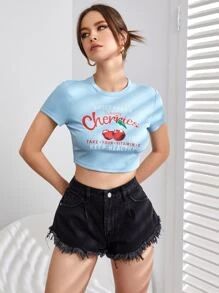 SHEIN EZwear Slogan & Cherry Graphic Crop T-Shirt SKU: sw2203021669007304(1000+ Reviews)$5.99Make... | SHEIN