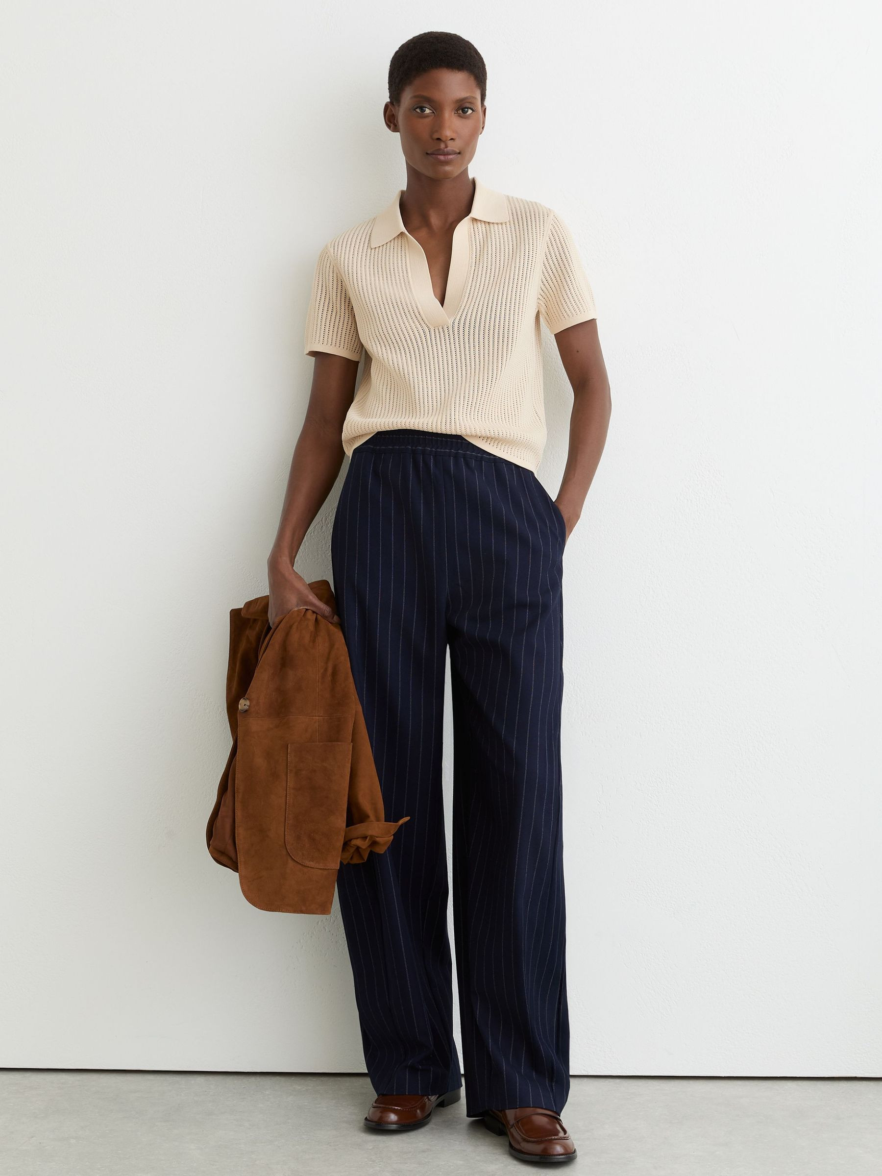 Reiss Open-Stitch Knitted Polo Top in Ivory - REISS | Reiss UK