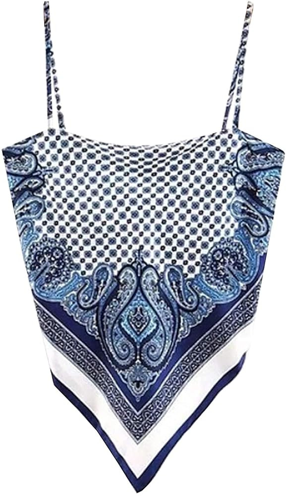 Women's Paisley Print Tie Back French Knot Hanky Hem Spaghetti Straps Handkerchief Cami Bandana T... | Amazon (US)
