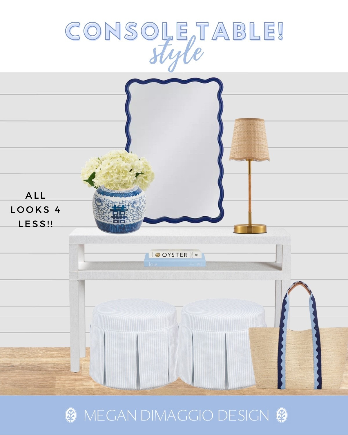 Styling inspo for the new Serena & Lily look for less blue and white striped skirted ottomans!! 🙌🏻 Love them with this dupe S&L console table and lamp too!! Pair with this newly added $50 ginger jar & navy wavy mirror that’s on sale right now! 

#LTKHome #LTKSaleAlert