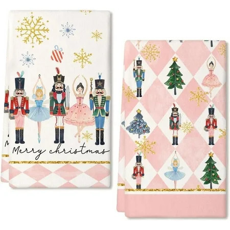 Nutcrackers Christmas Kitchen Towels Set of 2,Pink Snowflake Xmas Tree Dish Hand Towels Holiday Home Indoor Bathroom Party Seasonal Noel Decorations DD035 | Walmart (US)