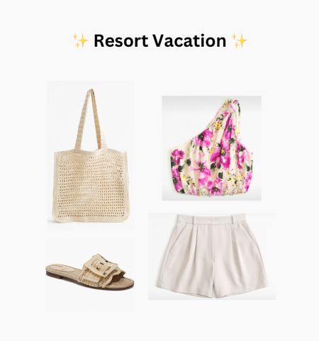 Resort Wear, Summer Outfits, Tops, Detailed Tops, Off The Shoulder Tops, Flower Top, Tailored Shorts, Shorts, Sandals, Bags, Beach Outfit, Vacation  

#LTKfindsunder100 #LTKtravel #LTKstyletip