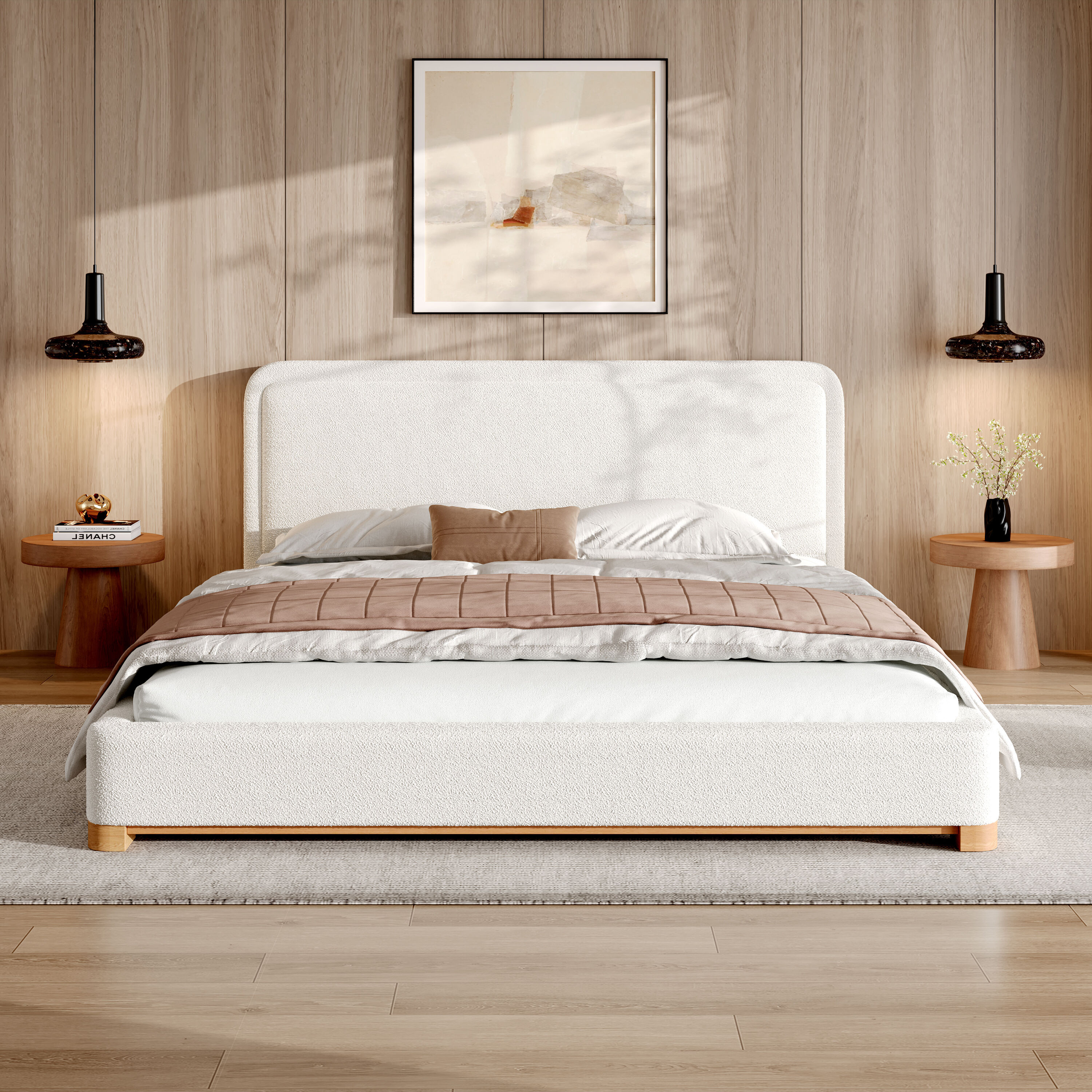 Christopher Knight Home Dovian Modern 50.7 Inch High Headboard Queen Size Boucle Upholstered Platform Bed Frame with Curved Headboard and Solid Wood | Lowe's