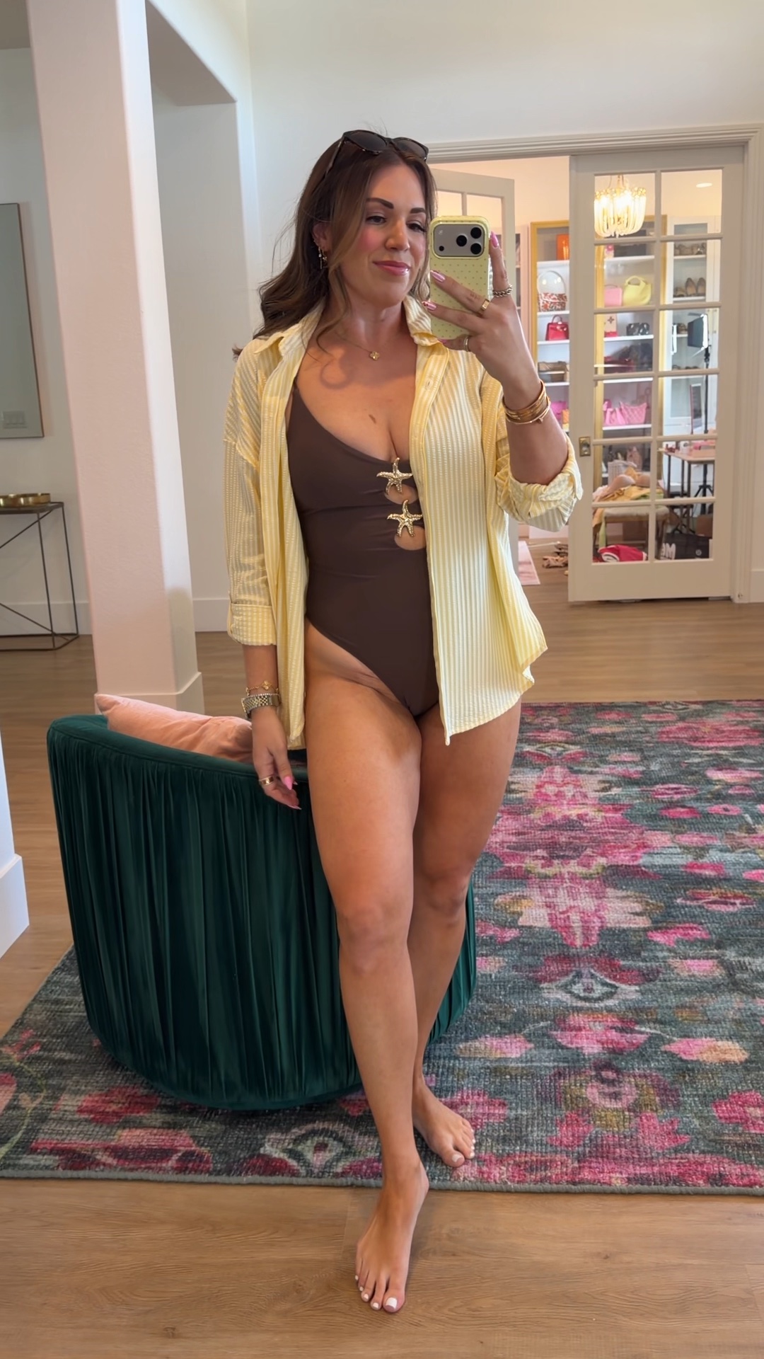 curvy midsize swim look! wearing size medium in brown one piece with gold starfish embellishments and size medium in butter yellow striped seersuckers coverup shirt

#LTKSeasonal #LTKMidsize #LTKSwim