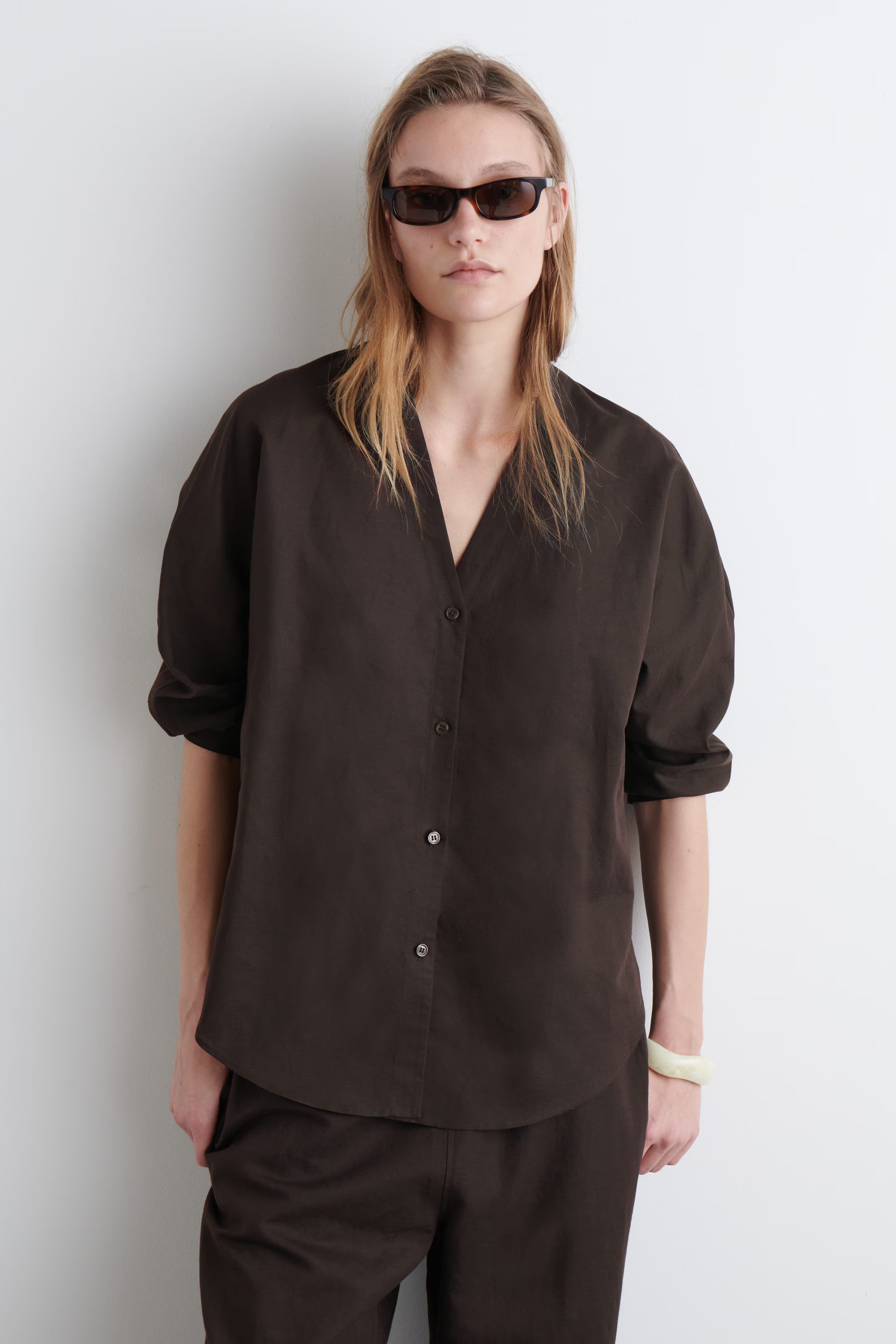 V-NECK LINEN-COTTON SHIRT - DARK BROWN | COS | COS UK