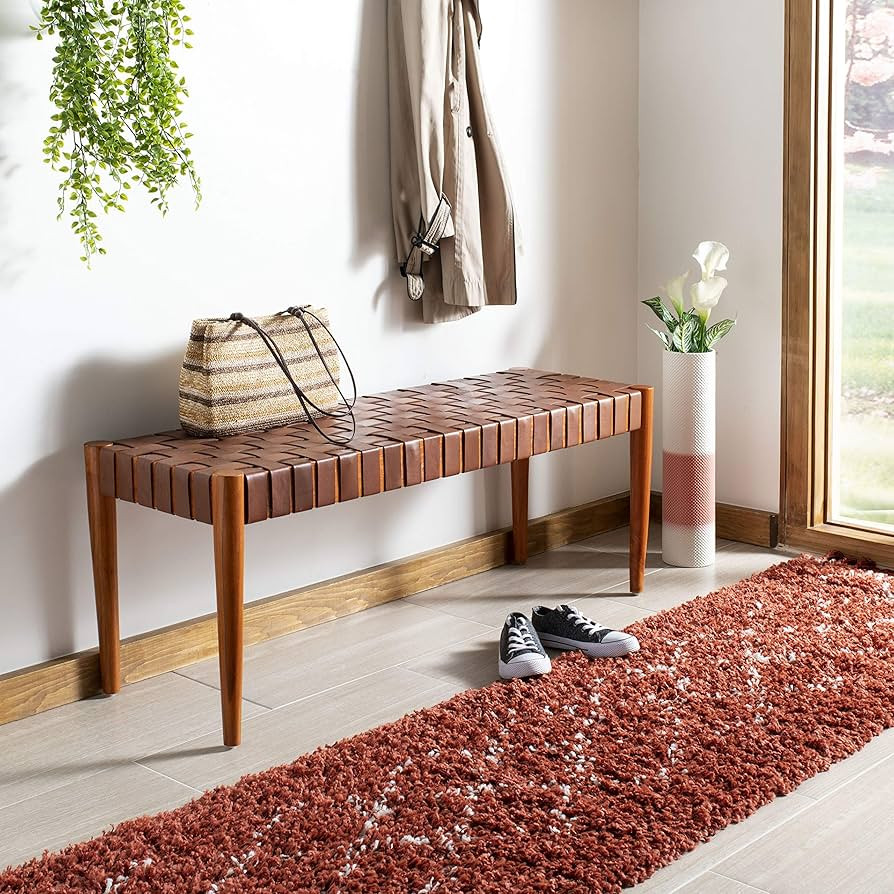 Safavieh Home Amalia 47-inch Cognac and Dark Brown Leather Weave Bench | Amazon (US)