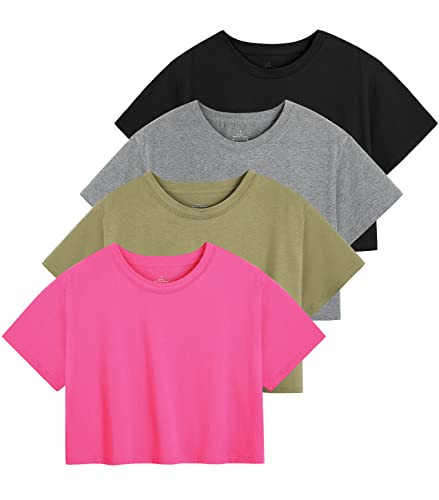 Cosy Pyro 4-Pack Women's Cotton Crop T-Shirts Short Sleeve Solid Cropped Athletic Top Round Neck Casual Workout Yoga Tees Black/Gray/Army/Rose L | Amazon (US)