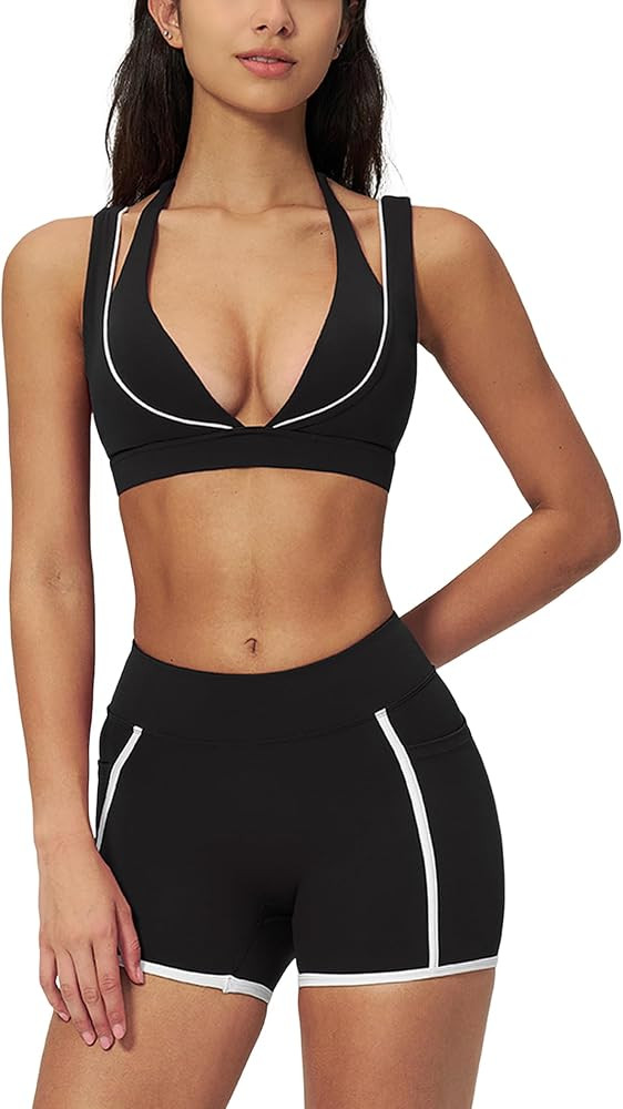 Workout Sets for Women 2 Piece Deep Plunge Sports Bra High Waist Shorts with Pockets Contrast Gym... | Amazon (US)