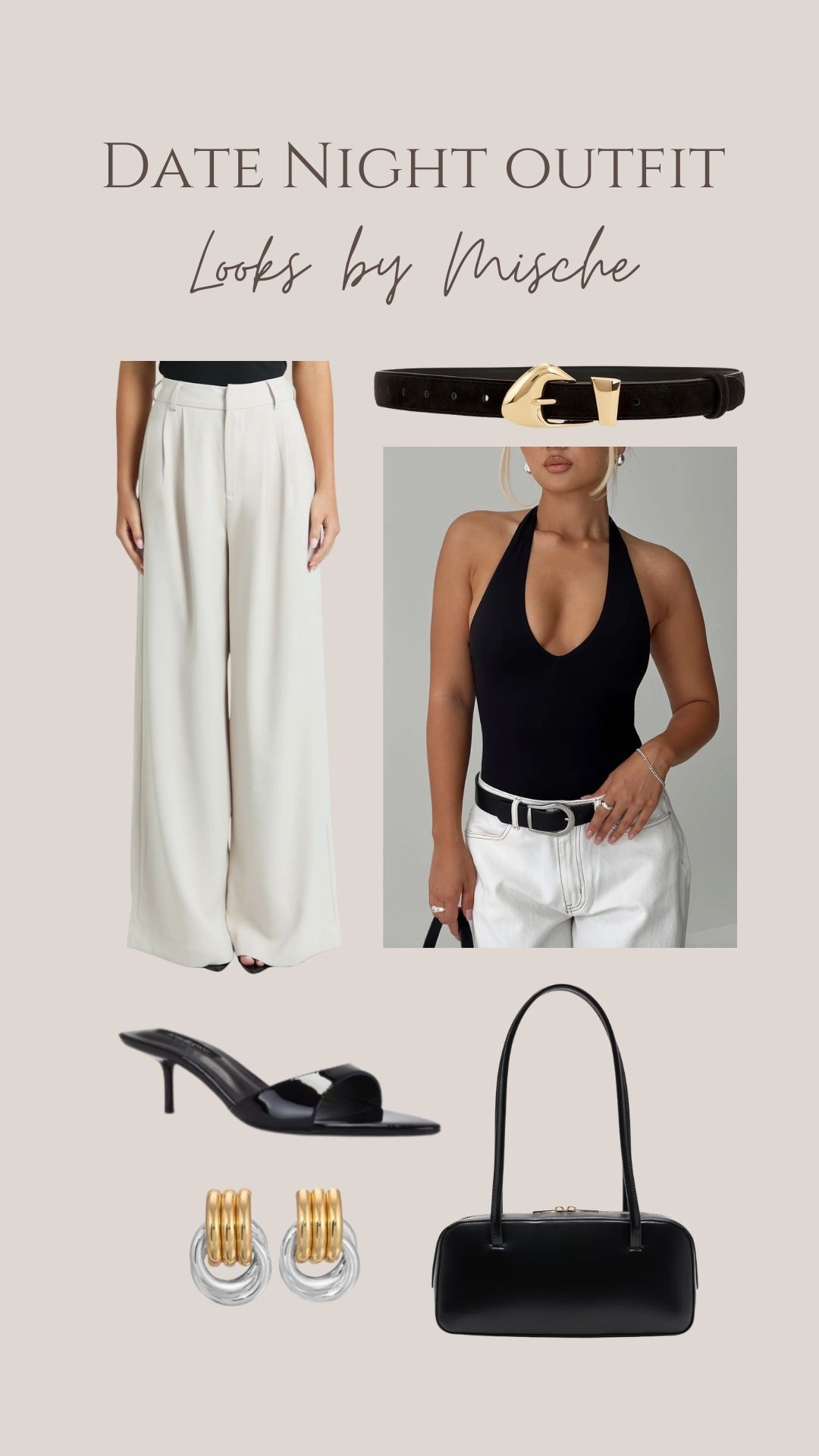 Pair white wide legged trousers with a deep v halter top and accessories for the perfect night out look ✨