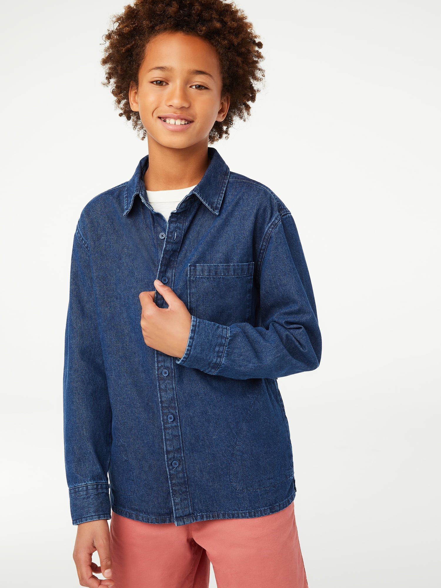 Free Assembly Boys Long Sleeve Button Down Denim Shirt, Sizes 4-18 - Walmart.com | Walmart (US)