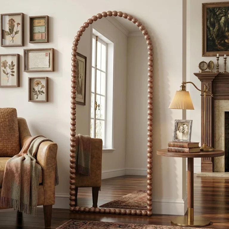 Antok 57"x21" Arched Full Length Mirror, Beaded Metal Frame Floor Mirror, Brown | Walmart (US)