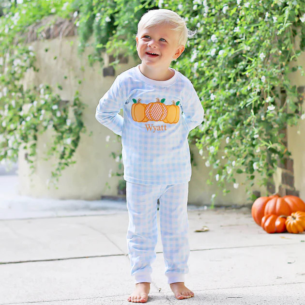 Pumpkin Cluster Pajamas Light Blue Gingham | Classic Whimsy