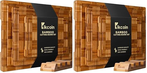 Kikcoin Extra Large Bamboo Cutting Boards, (Set of 3) Chopping Boards with Juice Groove Bamboo Wood Cutting Board Set Butcher Block for Kitchen, End Grain Serving Tray (Pack of 2) | Amazon (US)