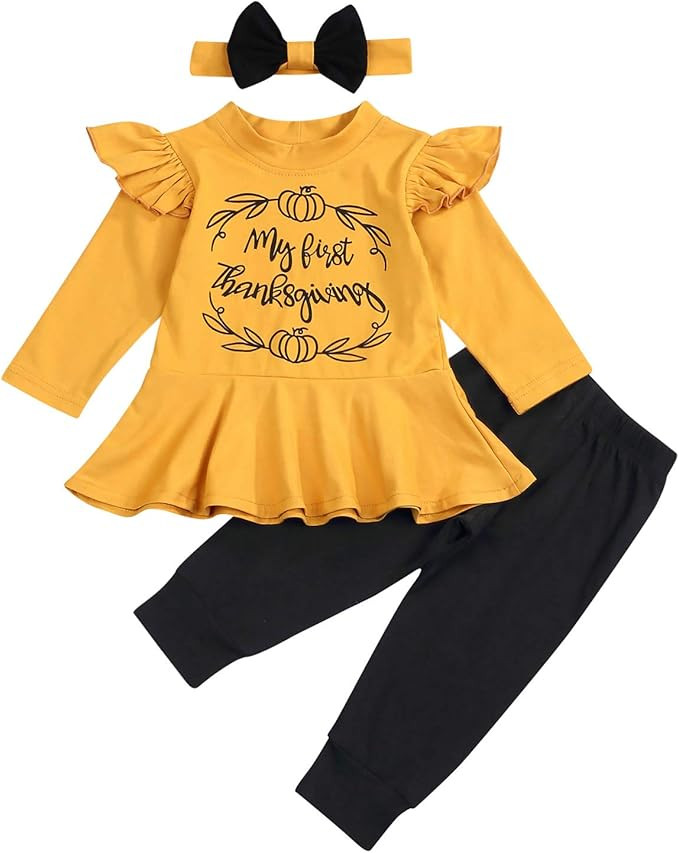 My First Thanksgiving Outfits Kids Toddler Baby Girls Ruffle Sleeve Shirt+Pants Set Fall Clothes | Amazon (US)
