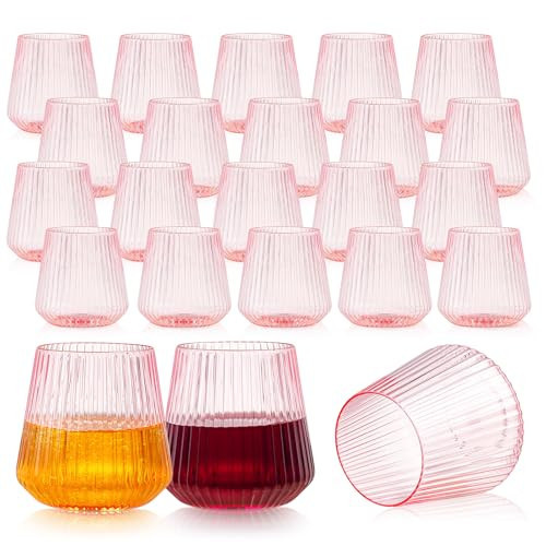 24 Pack Pink Plastic Wine Cups, 14oz Disposable Stemless Ribbed Wine Glasses, Cute Clear Unbreakable Outdoor Cocktail Glasses, Heavy Duty Reusable Plastic Drinking Cup for Party Wedding Mimosa Bar | Amazon (US)