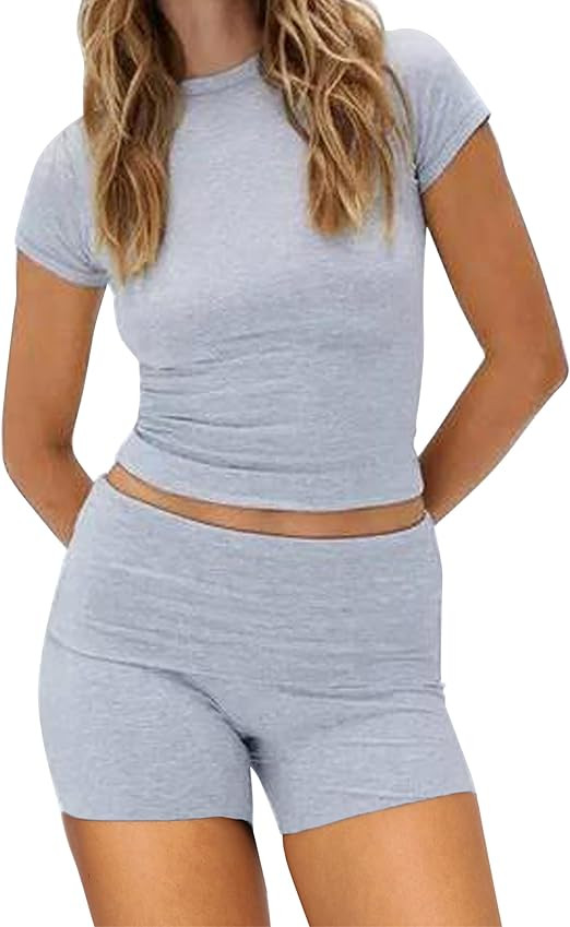 Women Yoga Lounge Sets Short Sleeve Crop Top and Low Rise Foldover Biker Shorts Set Ribbed Two Pi... | Amazon (US)