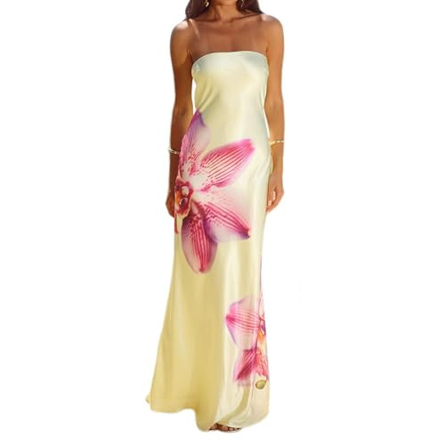 Women Strapless Floral Maxi Dress Sexy Sleeveless Backless Off Shoulder Long Summer Dress 2025 (Yellow, L) | Amazon (US)