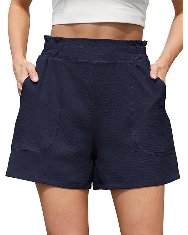 Womens Casual Elastic Waist Shorts High Waisted Wide Leg Lightweight Beach Shorts with Pockets | Amazon (US)