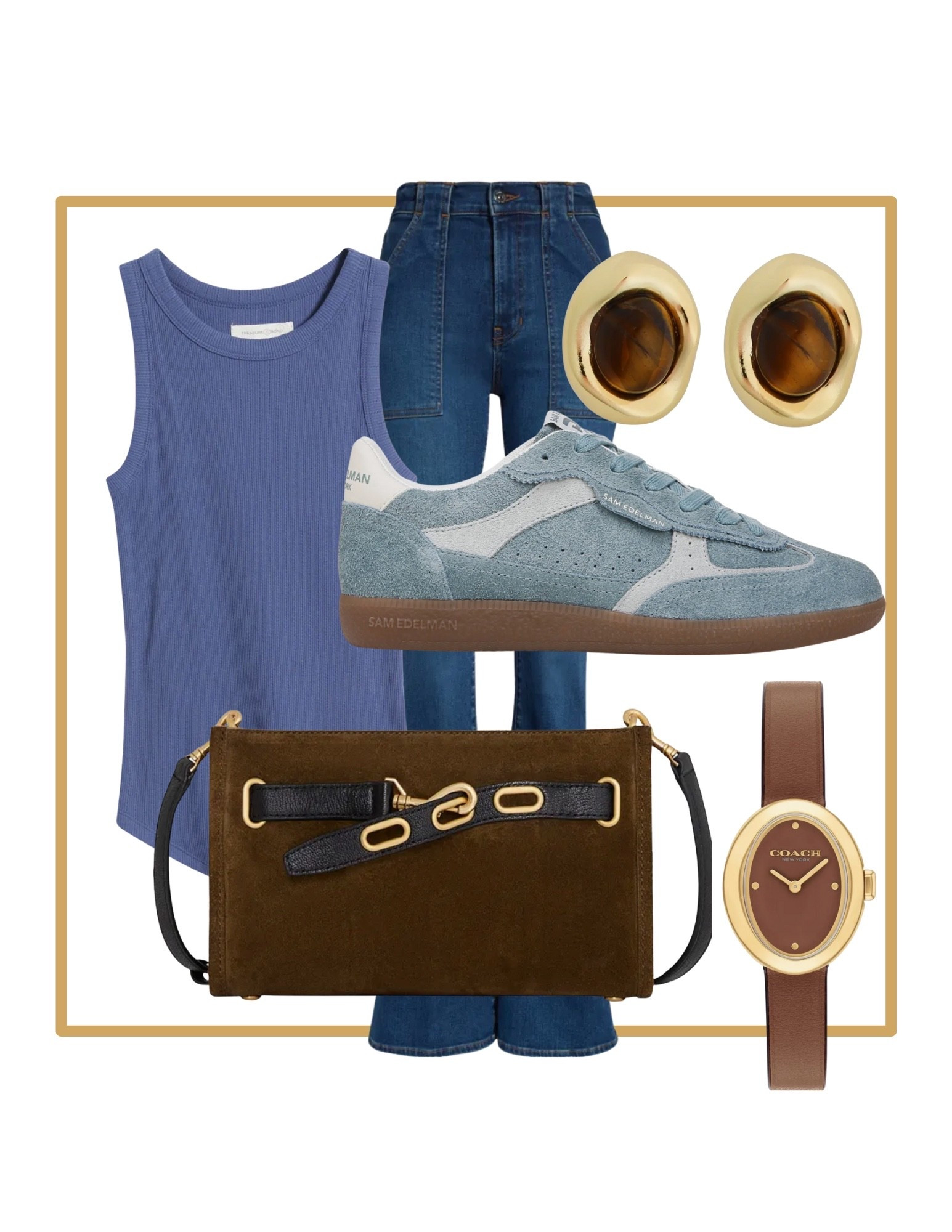Casual everyday outfit. Blue ribbed tank top. Dark denim flared jeans. Blue suede sneakers. Brown suede purse handbag. Brown coach watch.

#LTKShoeCrush #LTKItBag #LTKWorkwear