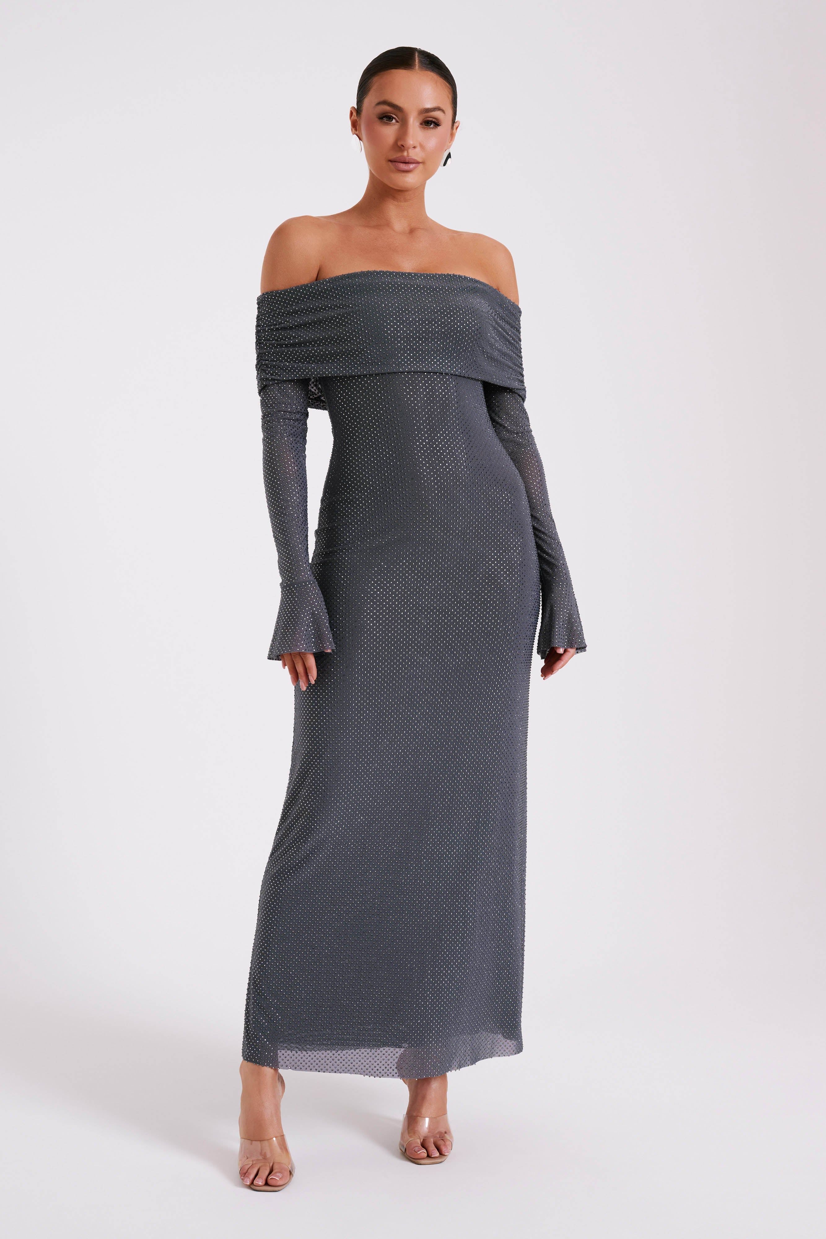 Marcel Off Shoulder Diamante Maxi Dress - Gunmetal | MESHKI US