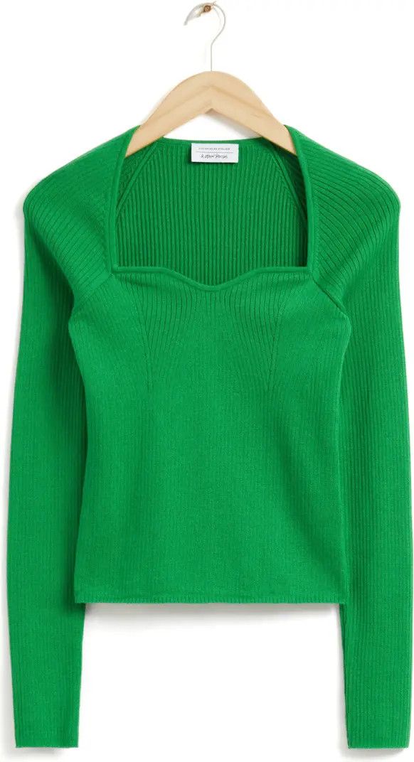 & Other Stories Sweetheart Neck Rib Wool & Cotton Top | Green Sweater Sweaters | Heart Sweater |  | Nordstrom