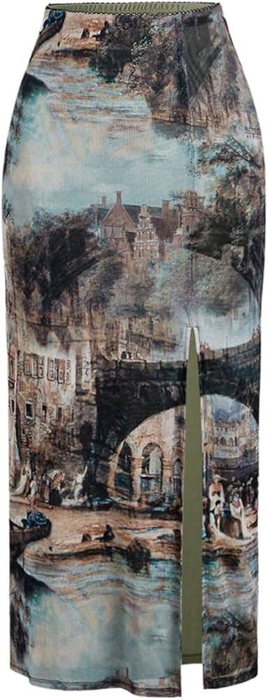 WDIRARA Women's Vintage Printed High Waisted Split Thigh Summer Causal Midi Skirt | Amazon (US)