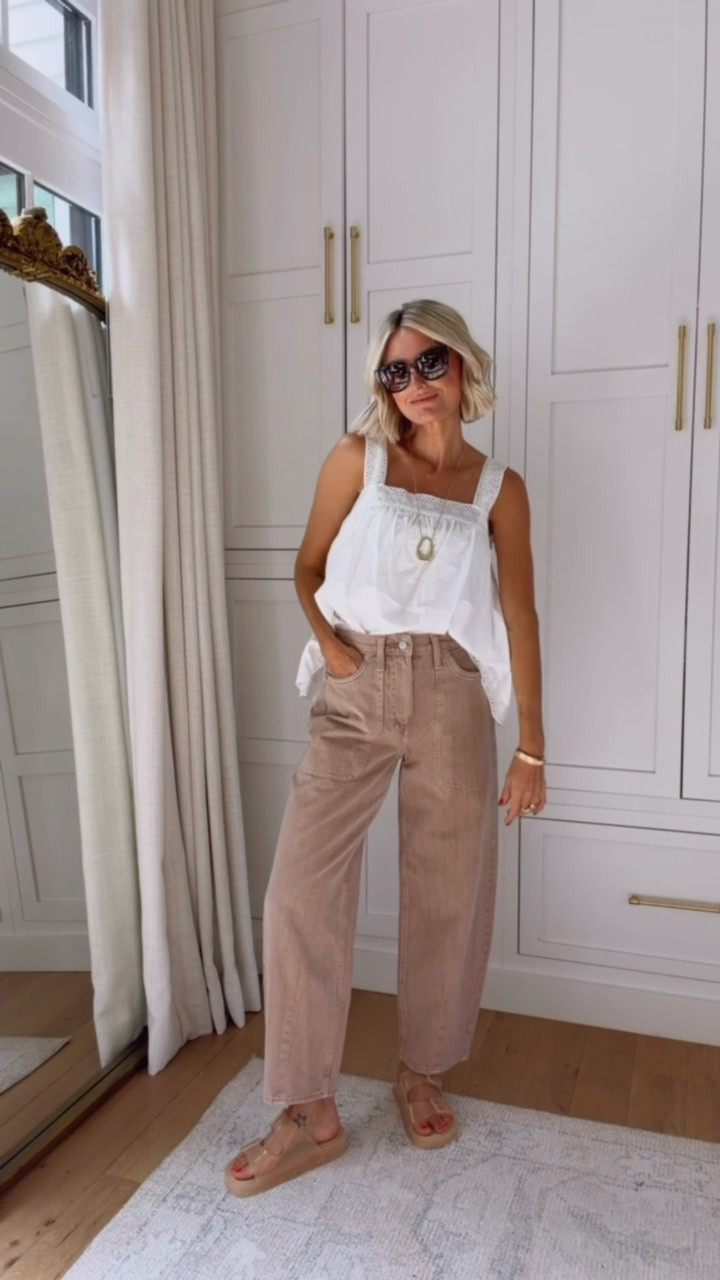 I love this airy and neutral look for summer! A great staple outfit that will go with so many items you already own. Wearing S top and 4 jeans

Loverly grey, barrel jeans brown how to style, tan denim outfit, white lace cami fashion

#LTKSeasonal
