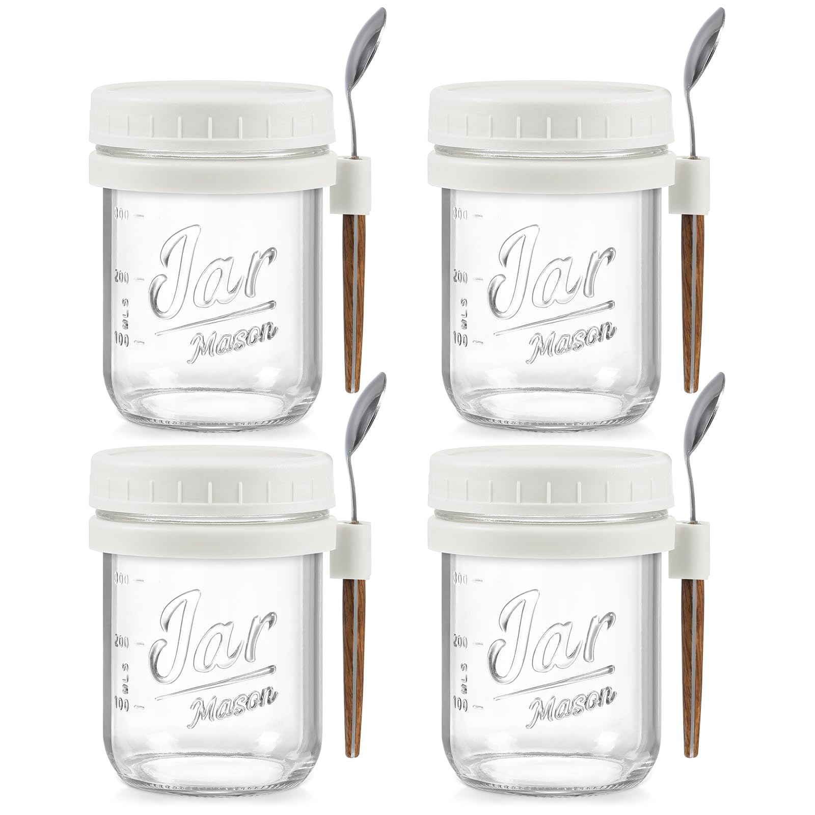 LANDNEOO 4 Pack Overnight Oats Containers with Lids and Spoons, 16 oz Glass Mason Jars with Airtight Lids, Overnight Oats Jars for Milk, Cereal, Fruit-White | Amazon (US)