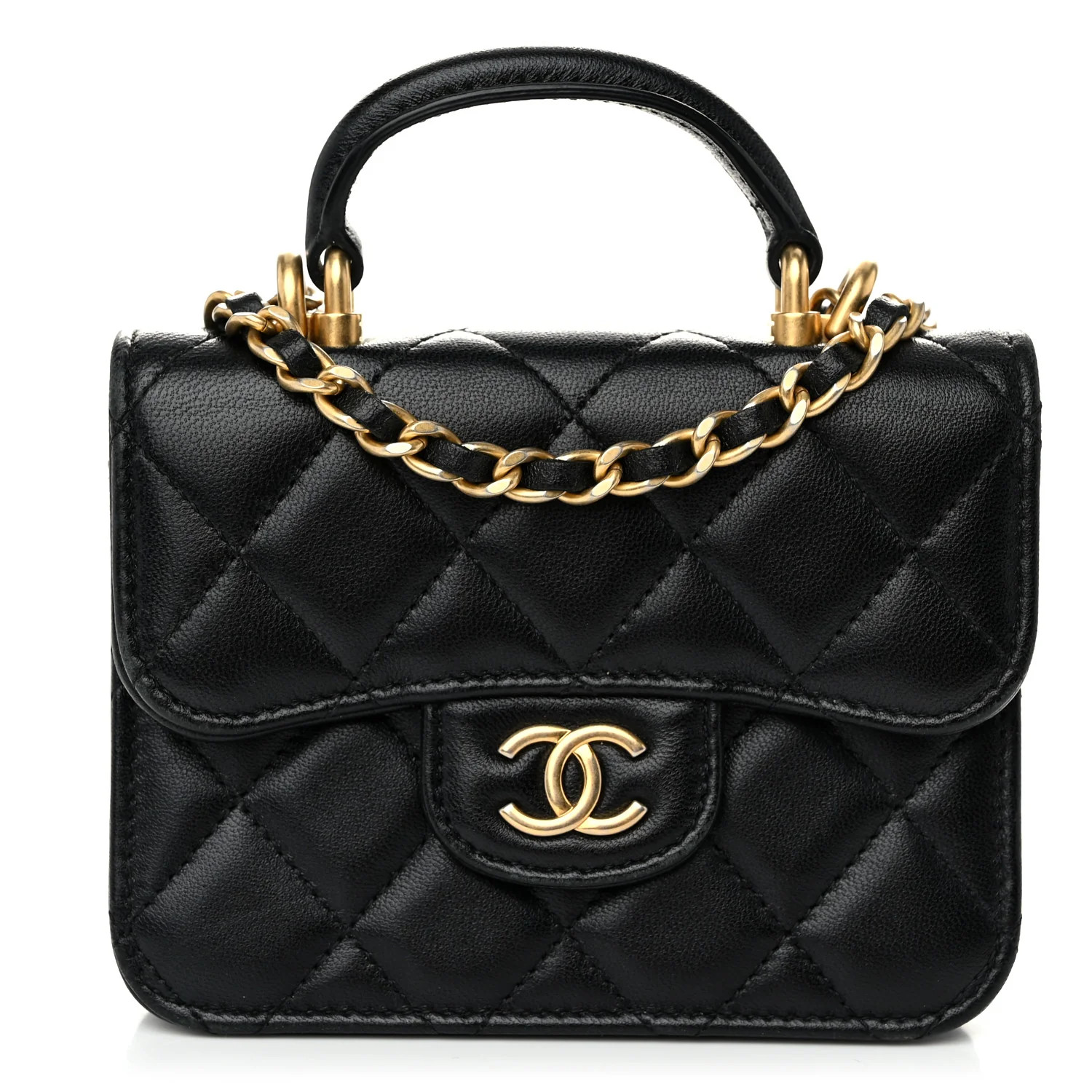 Lambskin Quilted Top Handle Flap Coin Purse With Chain Black | FASHIONPHILE (US)