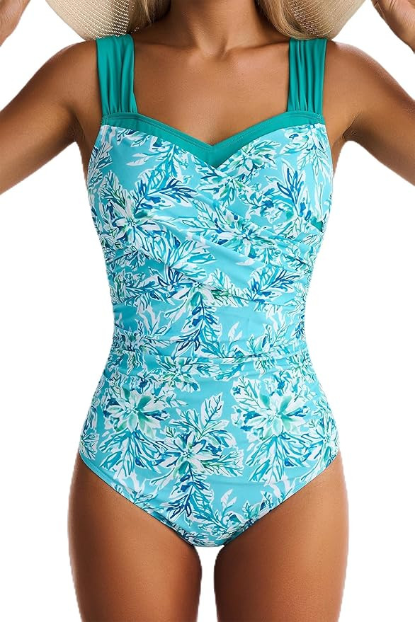 One Piece Swimsuit for Women Tummy Control Wide Straps Bathing Suits Full Coverage Swim Suit Colo... | Amazon (US)