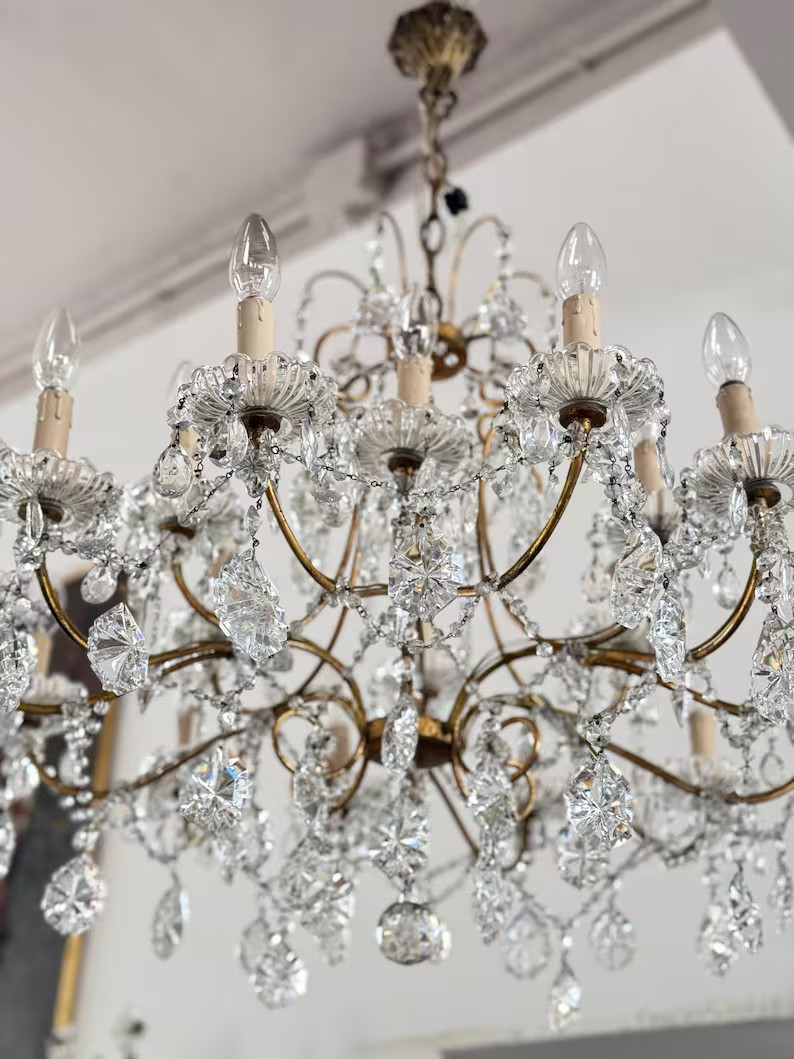 Large Antique Italian Tole Chandelier Gilded Ceiling Light Antique Chandelier With Crystal Drops ... | Etsy (US)