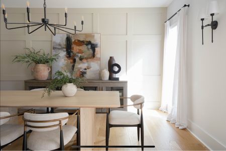 Calm, neutral, earthy dining room, diningroom, dining room table, modern oak dining table, sconce, twopages drapes, organic modern dining table. Designed by @designandcurations home decor home renovationn

#LTKhome #LTKMostLoved