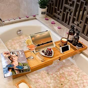 Bath Caddy Tray for Bathtub - Bamboo Adjustable Organizer Tray for Bathroom with Free Soap Dish S... | Amazon (US)