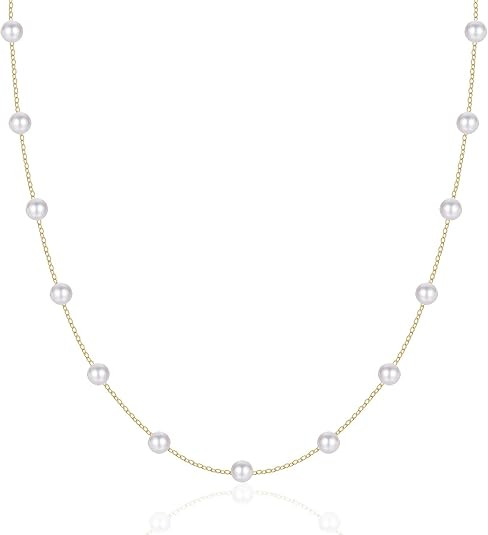 14K Solid Gold Pearl Station Necklace for Women 6-6.5mm Freshwater Cultured Pearl Real Natural 16... | Amazon (US)