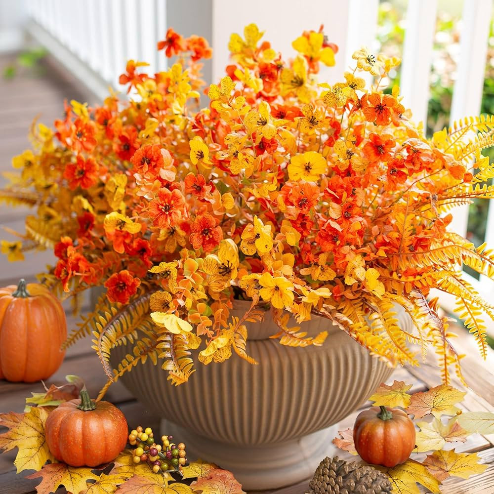 Artificial Faux Fall Autumn Mums Flowers Plants for Outdoor Outside Decoration, 14 Bundles Fake S... | Amazon (US)