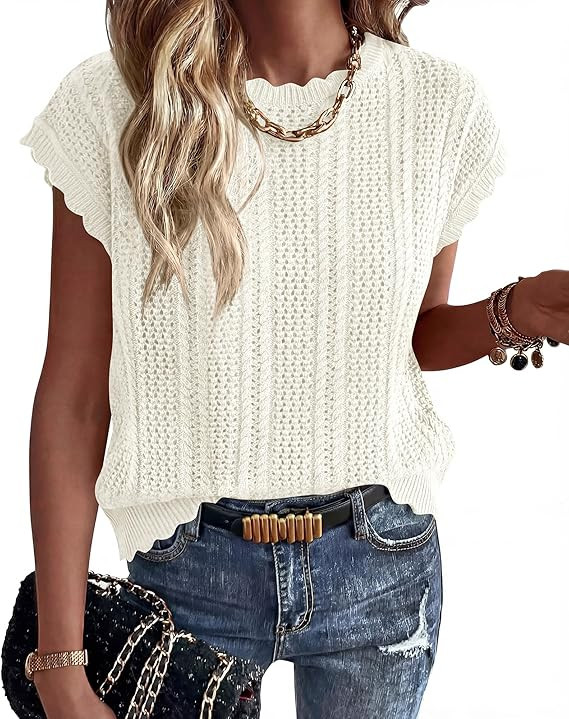 KIRUNDO Crochet Tops for Women Cap Short Sleeve Sweater Vest 2026 Summer Fall Cable Knit Pullover... | Amazon (US)