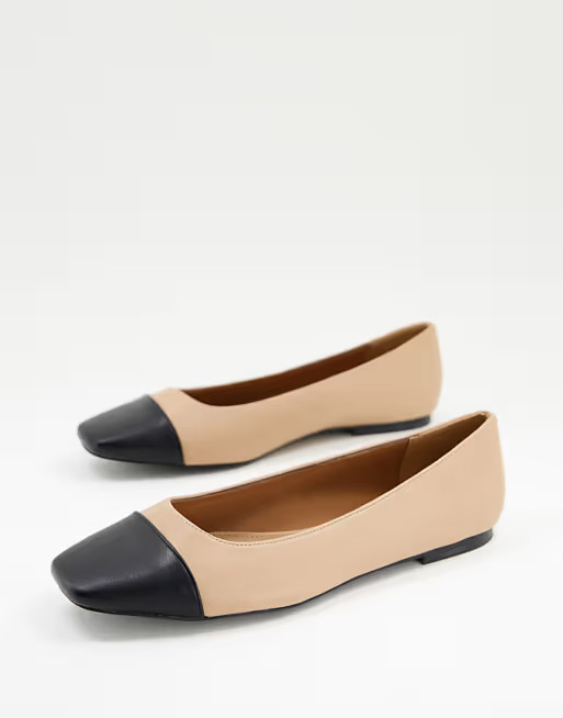 ASOS DESIGN Wide Fit Locket square toe ballet flats in beige and black | ASOS | ASOS (Global)