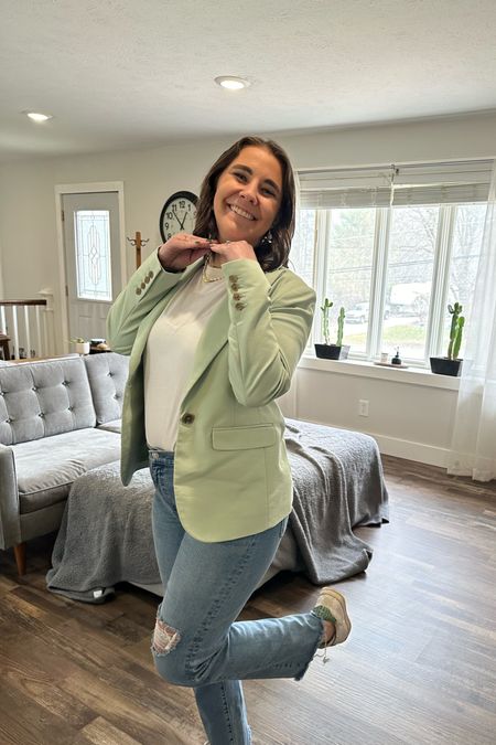 Easy Easter outfit for my Midwest girlies. Featuring spring colored blazer. Sparkly glittery P448 spring sneakers. best basic tee under $10.  Straight leg jeans. #easter #spring #midwest #blazer

#LTKstyletip #LTKfindsunder100 #LTKmidsize