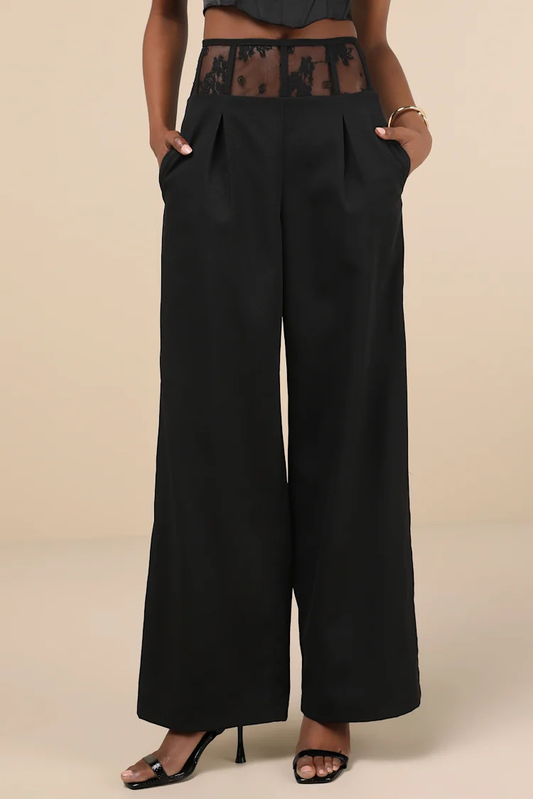 Unbelievable Allure Black Sheer Lace Wide-Leg Trouser Pants | Lulus