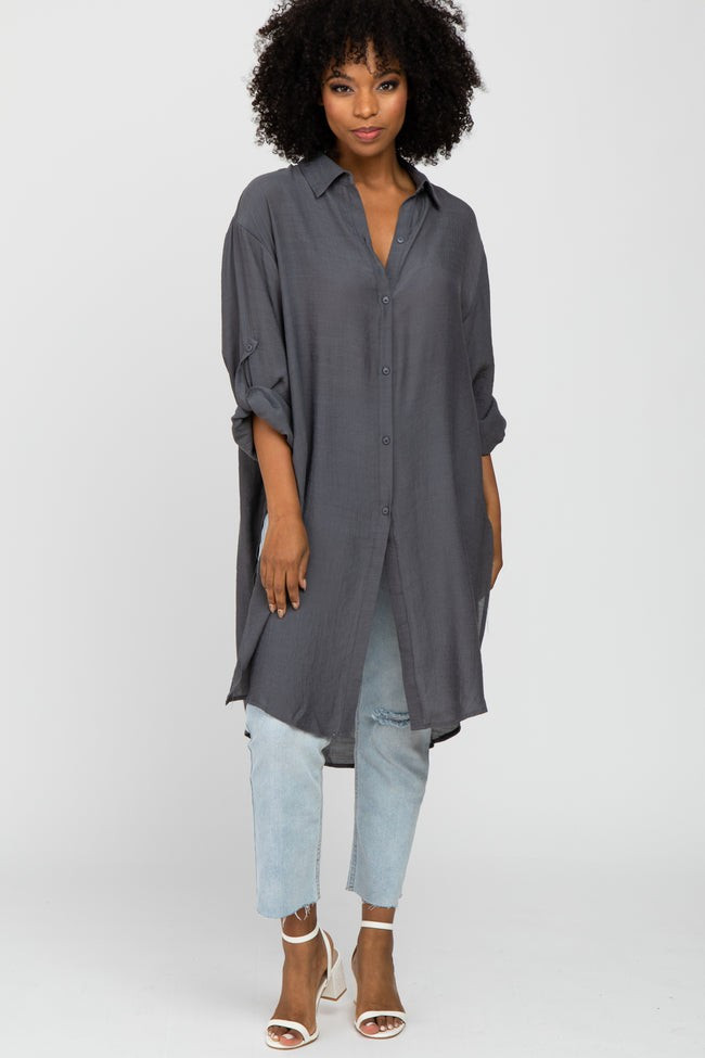 Charcoal Button Front Side Slit Oversized Blouse | PinkBlush Maternity