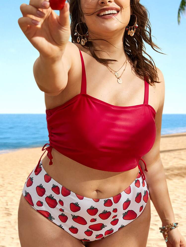 Plus Strawberry Print Drawstring Side Bikini Swimsuit | SHEIN