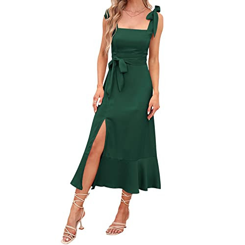 ABEHIK Casual Dresses for Women Summer Wedding Guest Elegant Bridesmaid Dress Sleeveless Square Neck Ruffle Split Cocktail Party Midi Dress Long Formal Bodycon Dress Dark Green XL | Amazon (US)