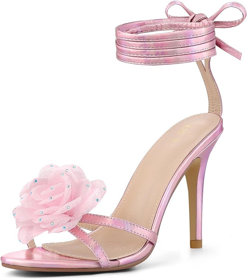 Allegra K Women's Flower Rhinestone Open Toe Lace Up Stiletto Heels Sandals | Amazon (US)